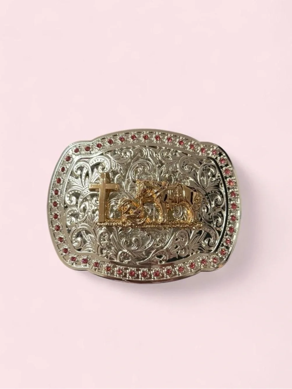 Embellished Silver-Tone Western Cross & Horse Belt Buckle - Pink Accent